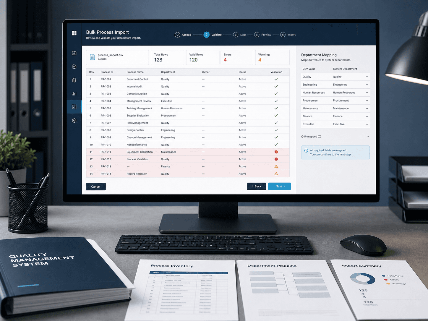 Quality process rows being mapped to departments in a structured import workspace